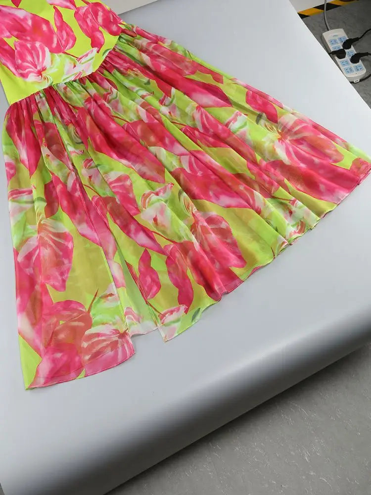 Strapless Retro Print Split Long Dress