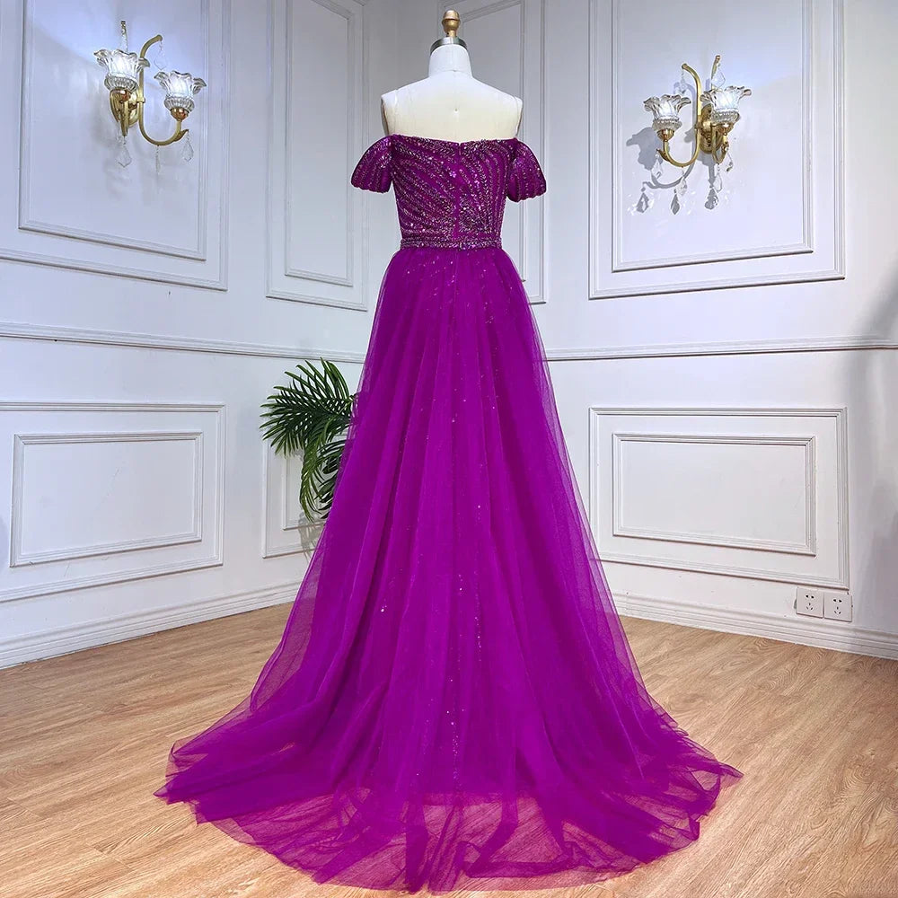 Boat Neck Split Mermaid Elegant Beaded Gowns