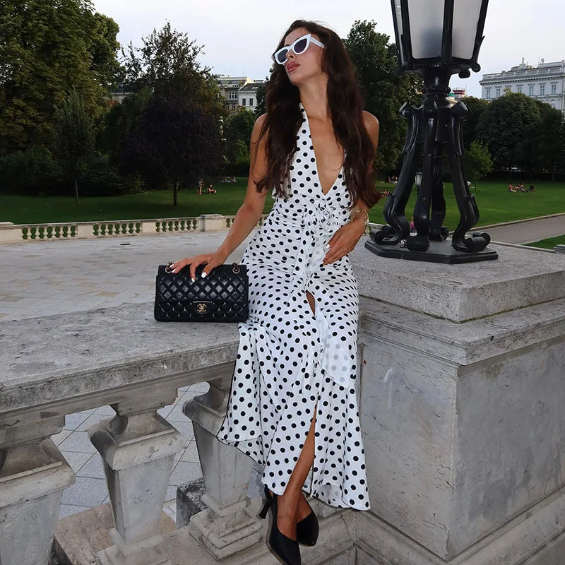 3D Flowers Polka Dot Print Backless Dress