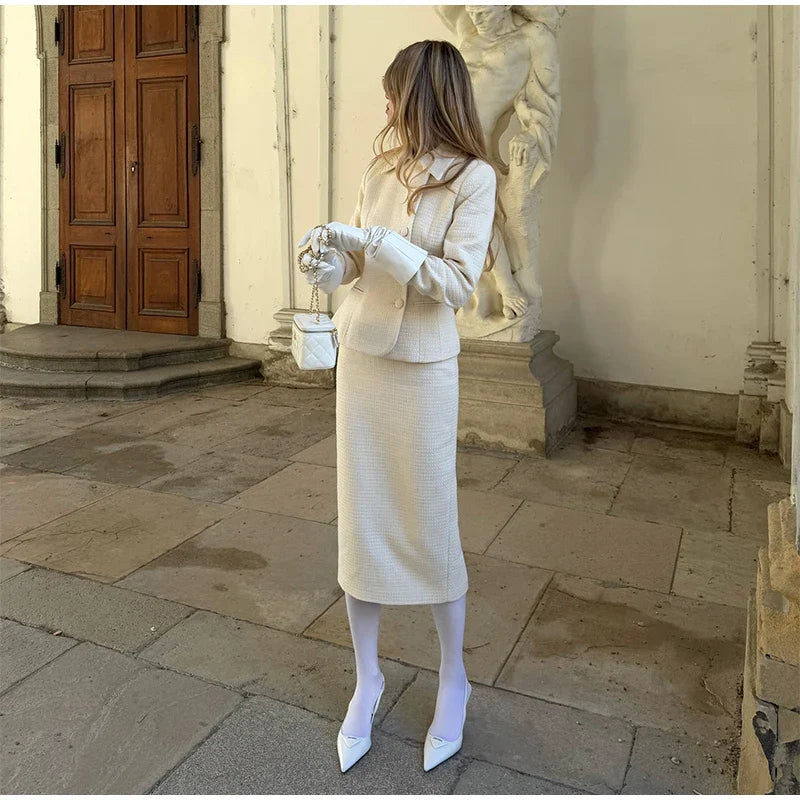 Solid Stand Collar Jackets and Skirts Suit