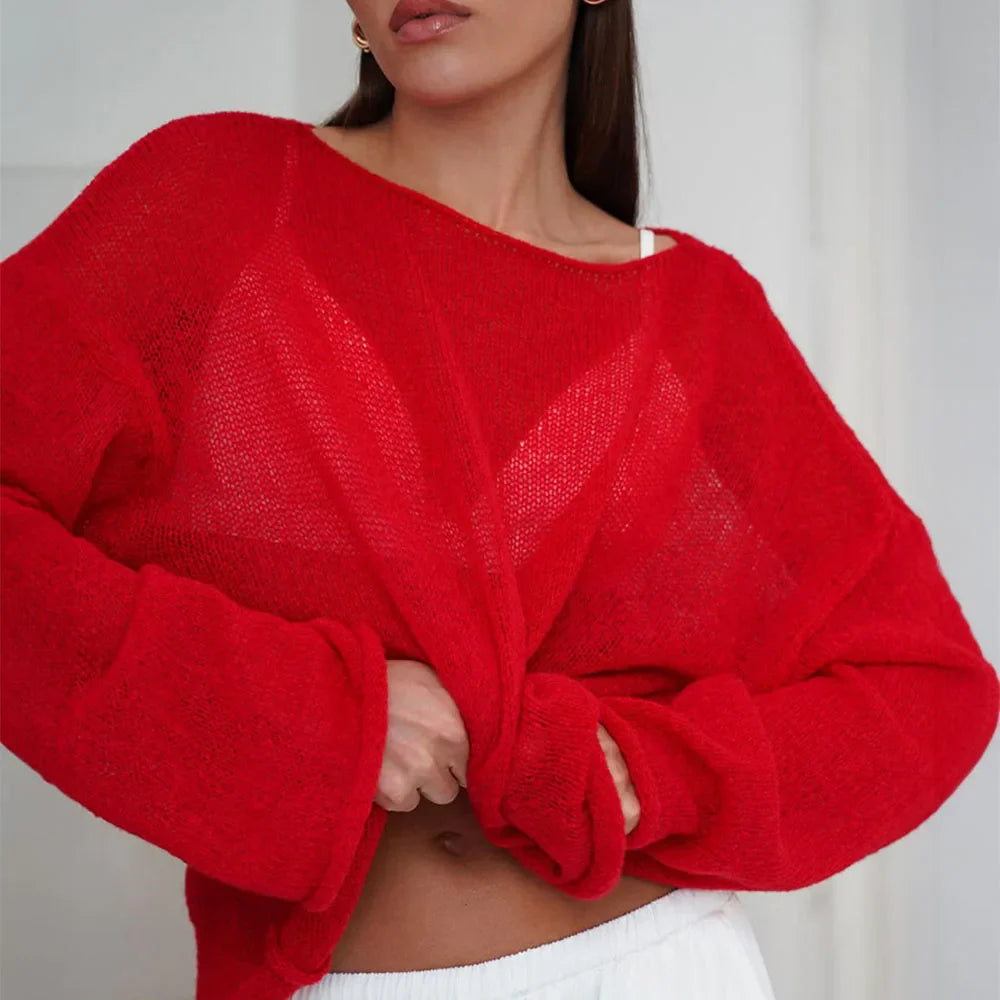 Hollow Solid See-through Long Sleeve Knitted Top