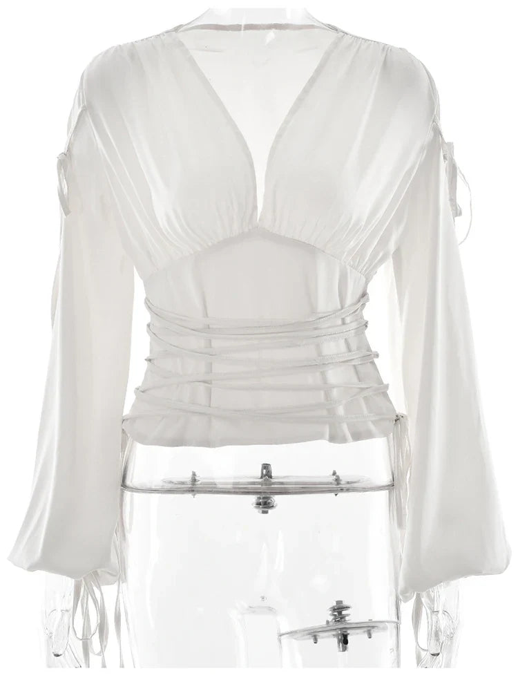 Deep V-Neck Satin Lace-Up Slim Shirt