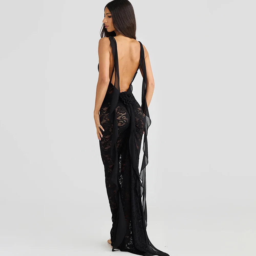 Lace Patchwork Backless Trailing Long Dress