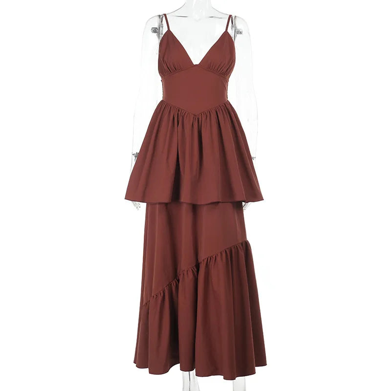 Brown V-neck Layered Maxi Dress