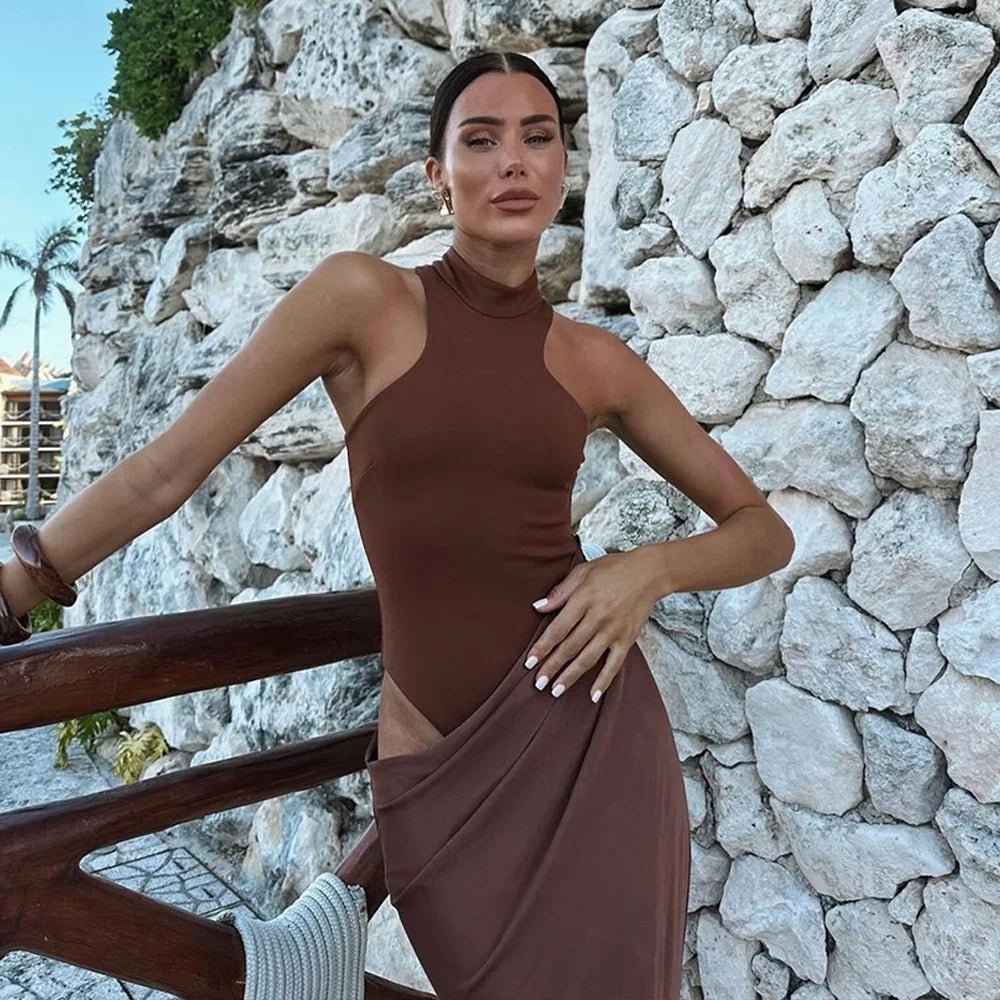 Satin Sleeveless High Neck Dress