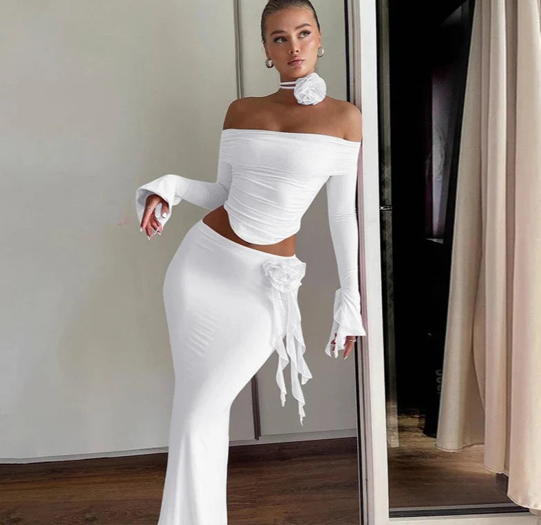 Off Shoulder Crop Top, Bodycon Maxi Skirt Set