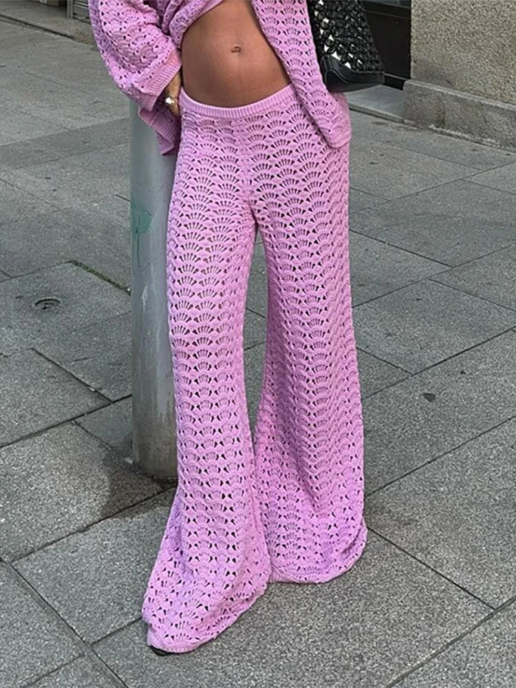 Hollow Out Sweater and Pants Knitting Cardigan Set
