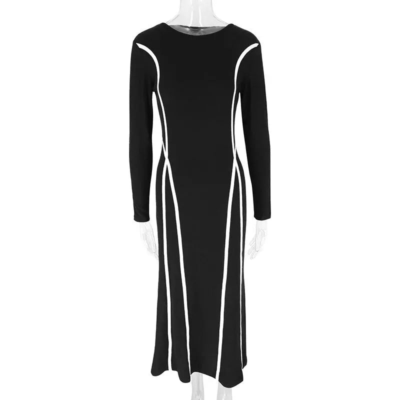 Round Neck Striped Black Long Sleeve Dress