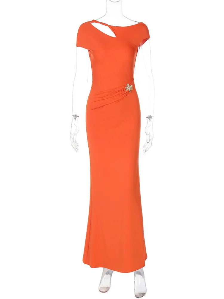 Hollow Out Metal Buckle Solid Short Sleeve Long Dress