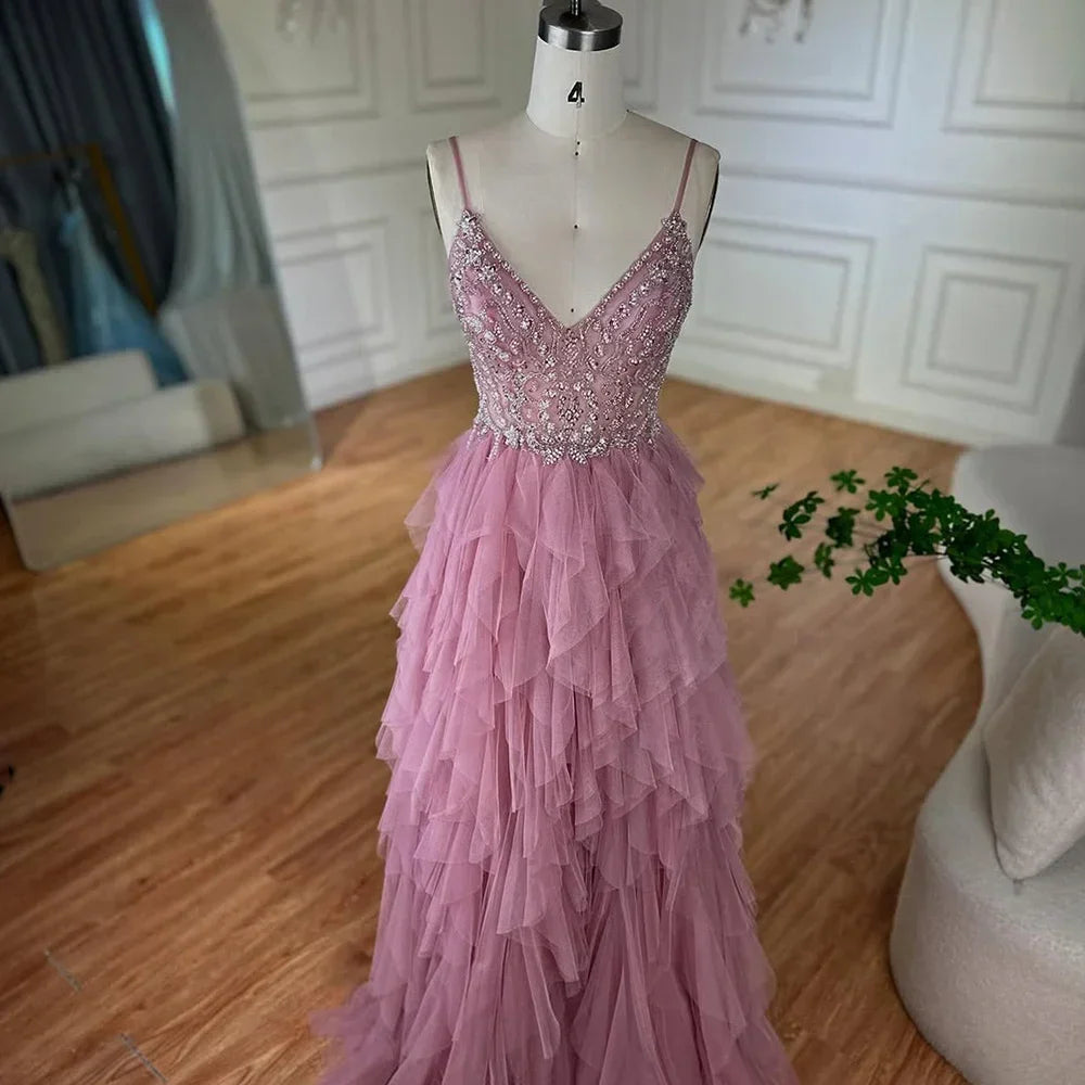 Pink Evening Gown Beaded Bodice and Layered Tulle Skirt