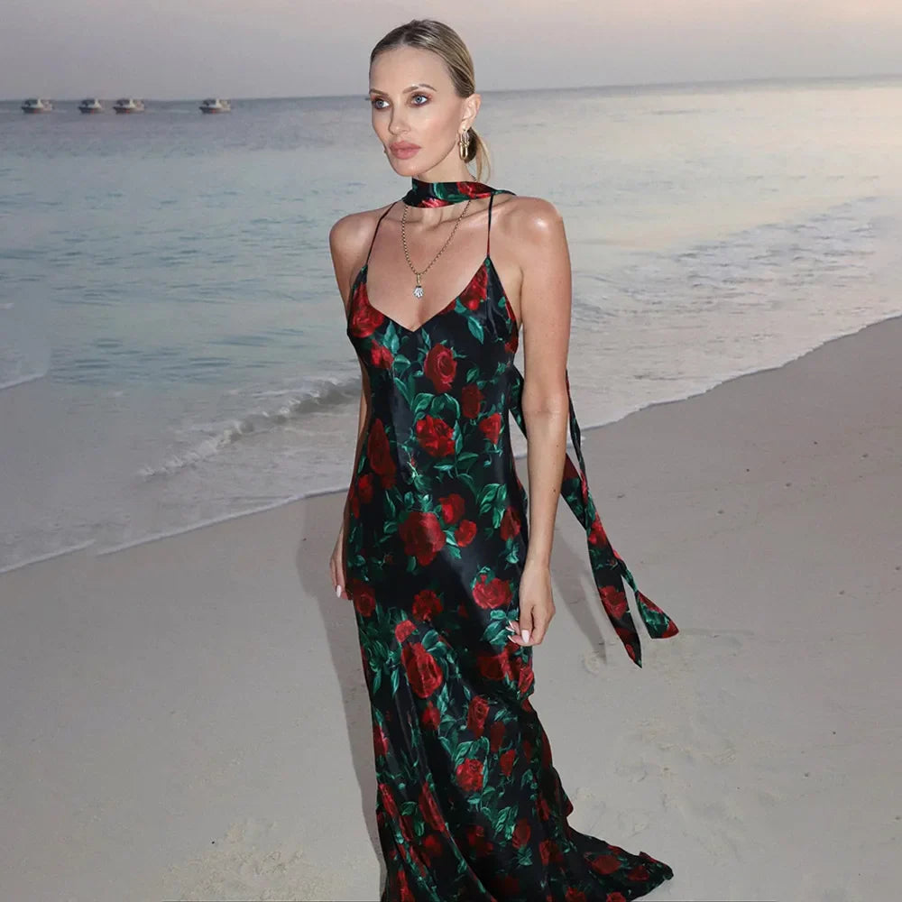 Floral Print Backless Maxi Dress