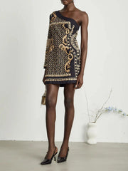 Printed Diagonal Neck Off One-Shoulder Patchwork Bead Dress