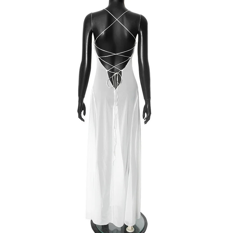 Mesh White Spaghetti Strap Hollow Out Dress