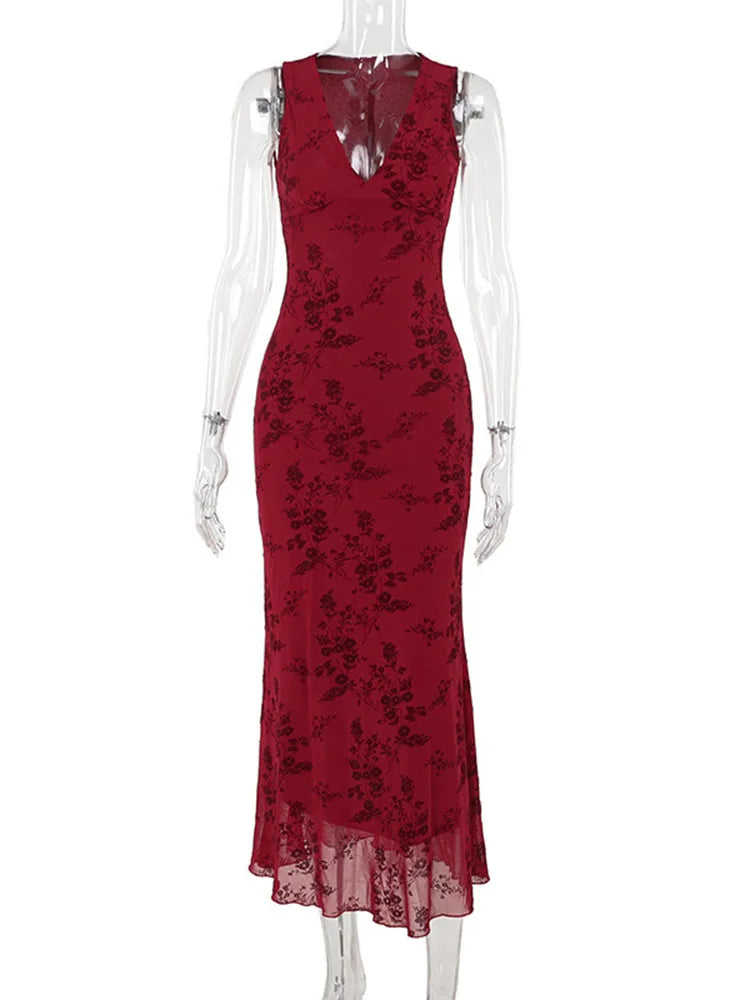 Printed Floral Sleeveless Long Dress