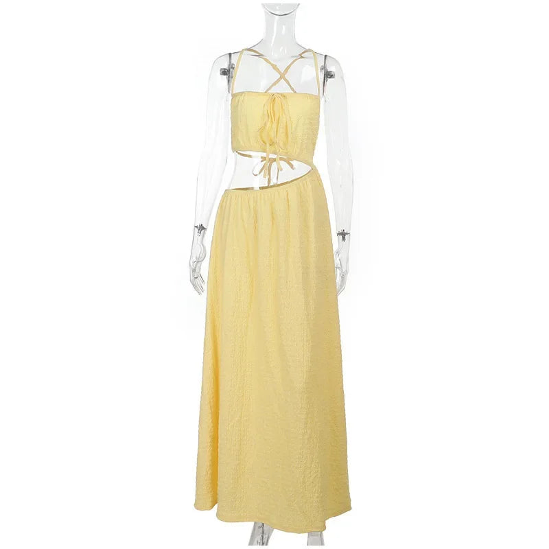 Lace Up Solid Color Open Back Long Dress