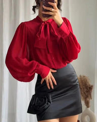 Solid O-Neck Bow Button Long Sleeve Blouse