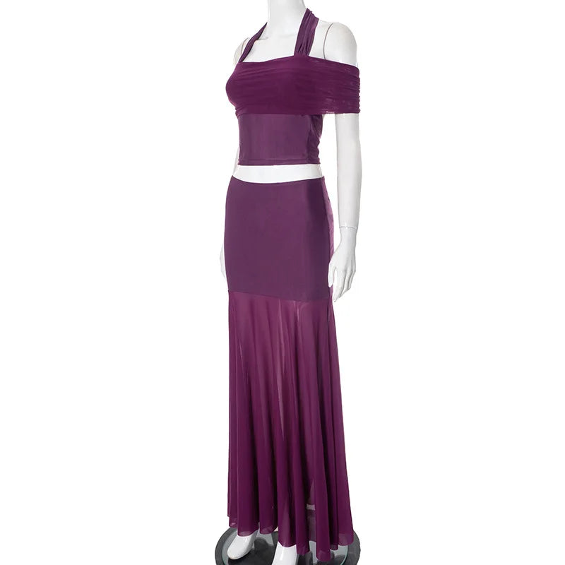 Purple Mesh Two-Piece Set with Sheer Halter Top and Long Skirt