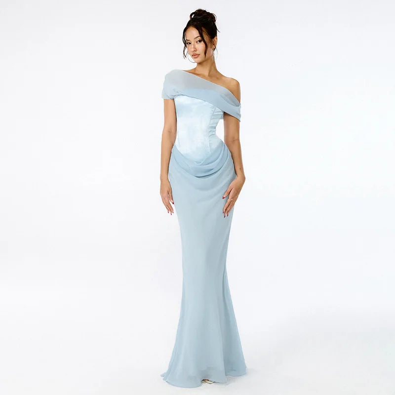 Patchwork Diagonal Collar Women Maxi Dress