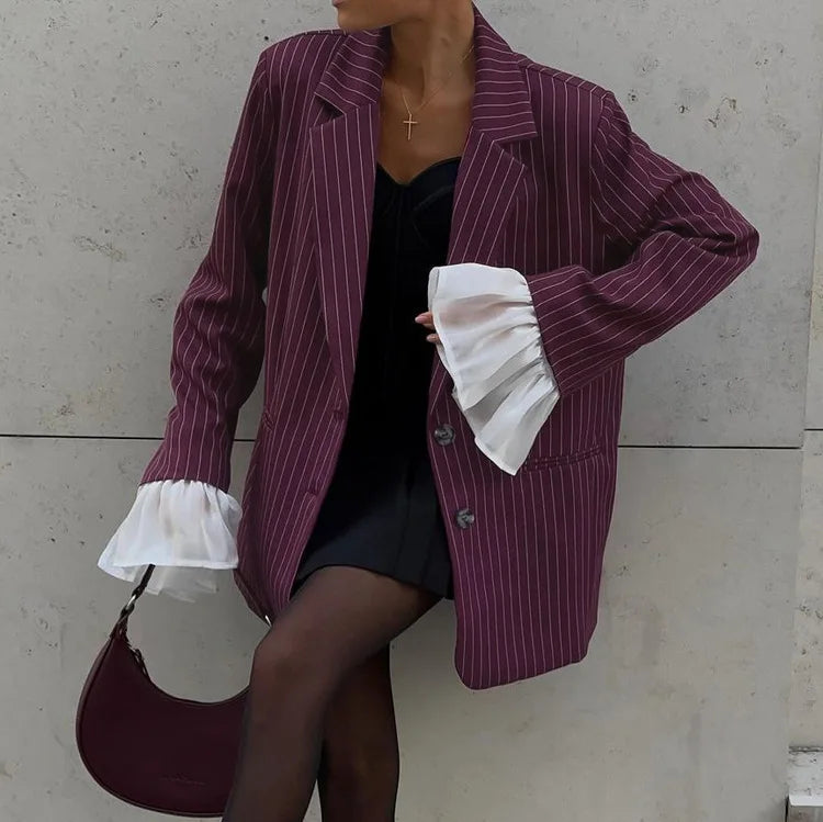 Patchwork Notched Collar Lace Flare Sleeve Jacket