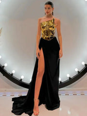 Strapless Gold Top & High-Slit Skirt Set
