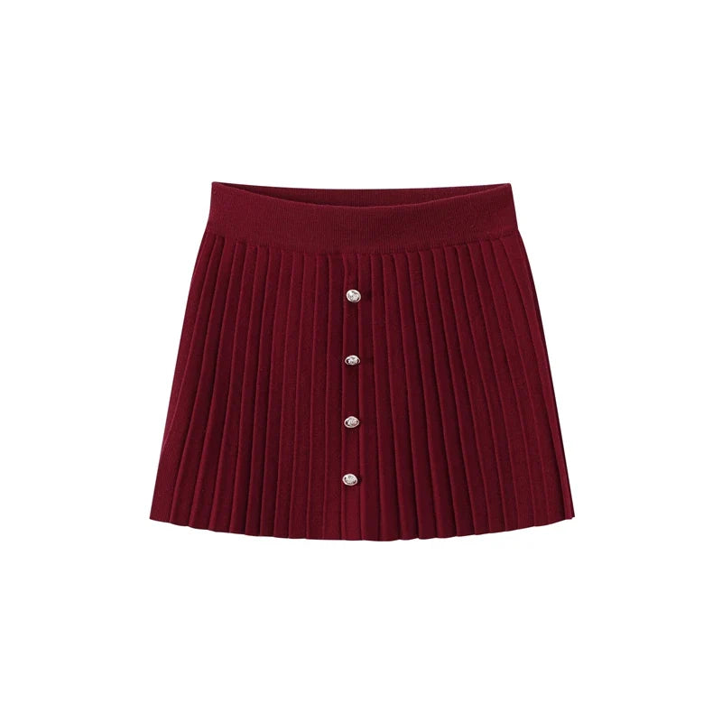 Slim Fit Elegant Burgundy Red Coat and Mini Skirt Set for Women