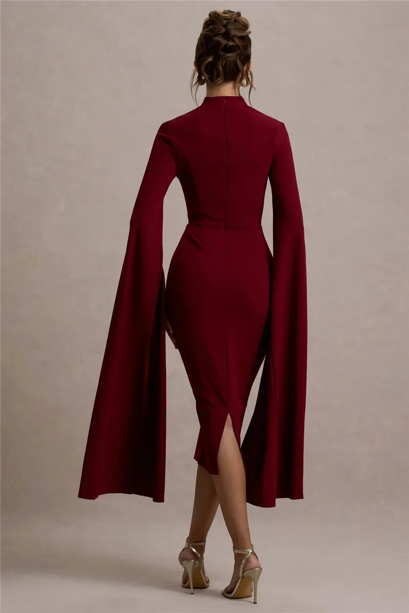 Cape Long Sleeve Square Collar Midi Dress