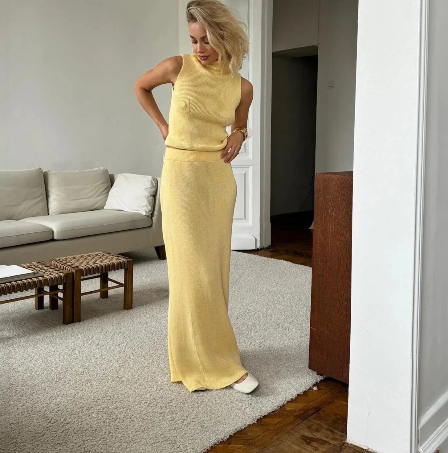 High Neck Knitting Top and Solid Long Skirt Suit