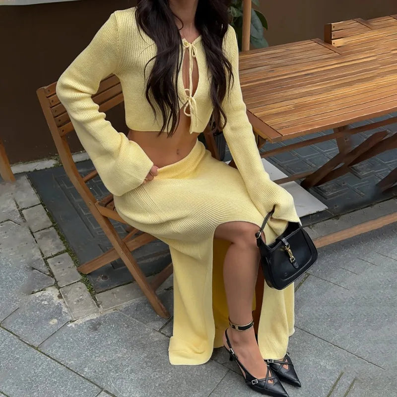 Knit Solid Lace-up Cardigan Top Slit Long Skirt Set