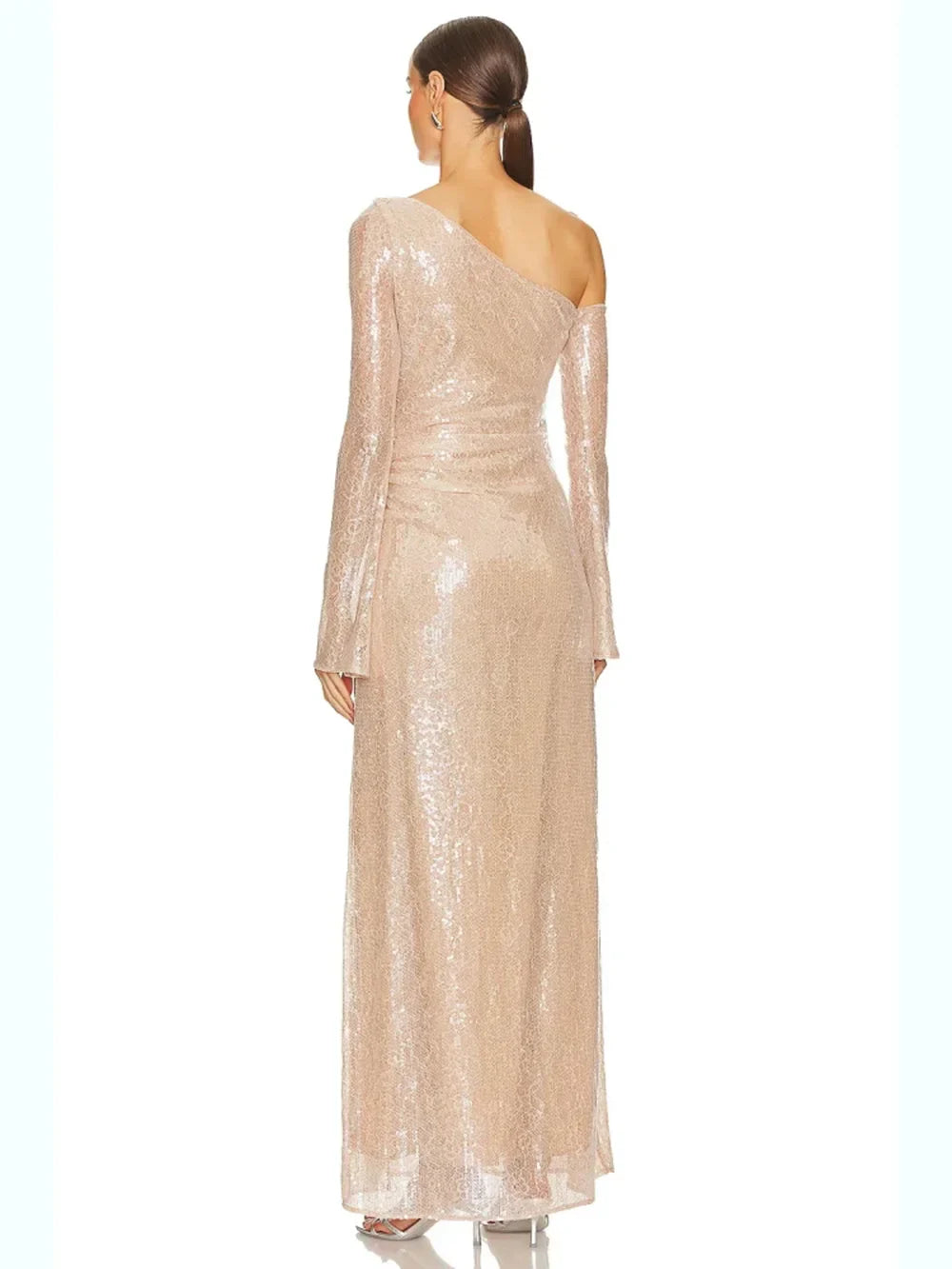 Mesh Sequin 3D Flower Long Sleeve Bodycon Maxi Dress