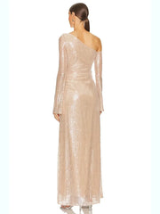 Mesh Sequin 3D Flower Long Sleeve Bodycon Maxi Dress