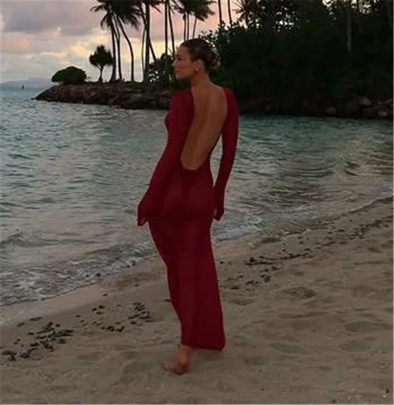 Hollow Backless Solid Knitted Dress