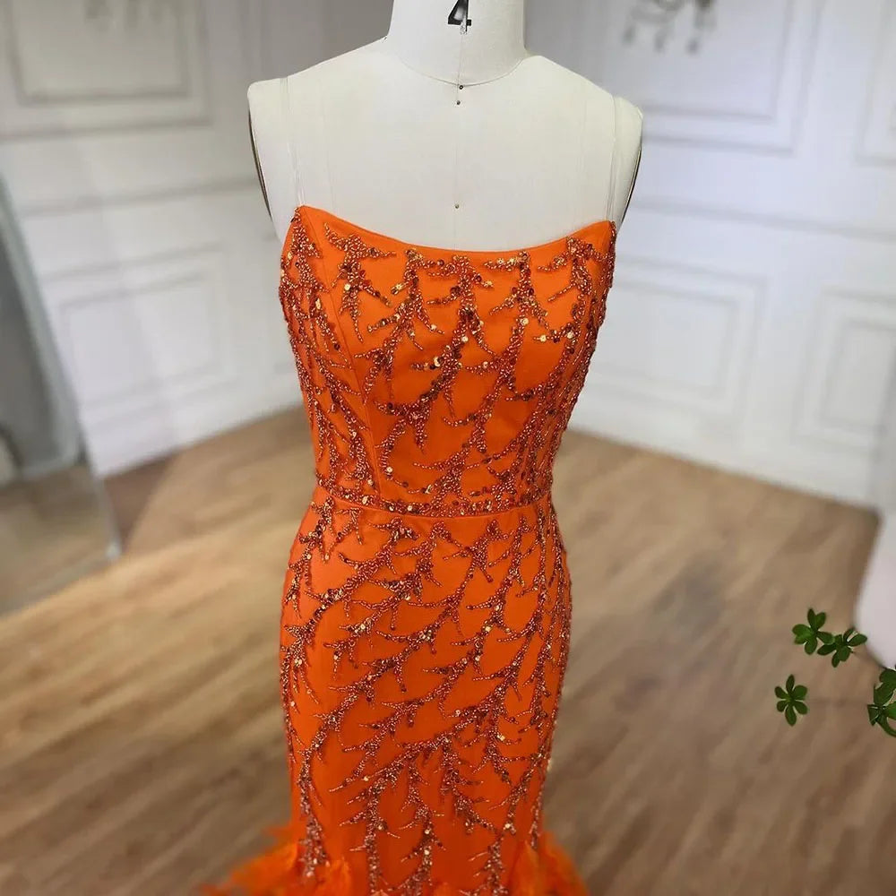 Spaghetti Strap Mermaid Feathers Beaded Prom Dress