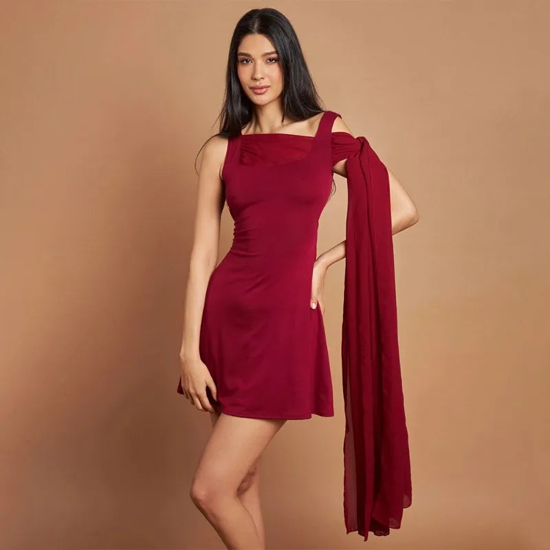 Asymmetrical Chiffon Ribbon Sleeveless Mini Dress