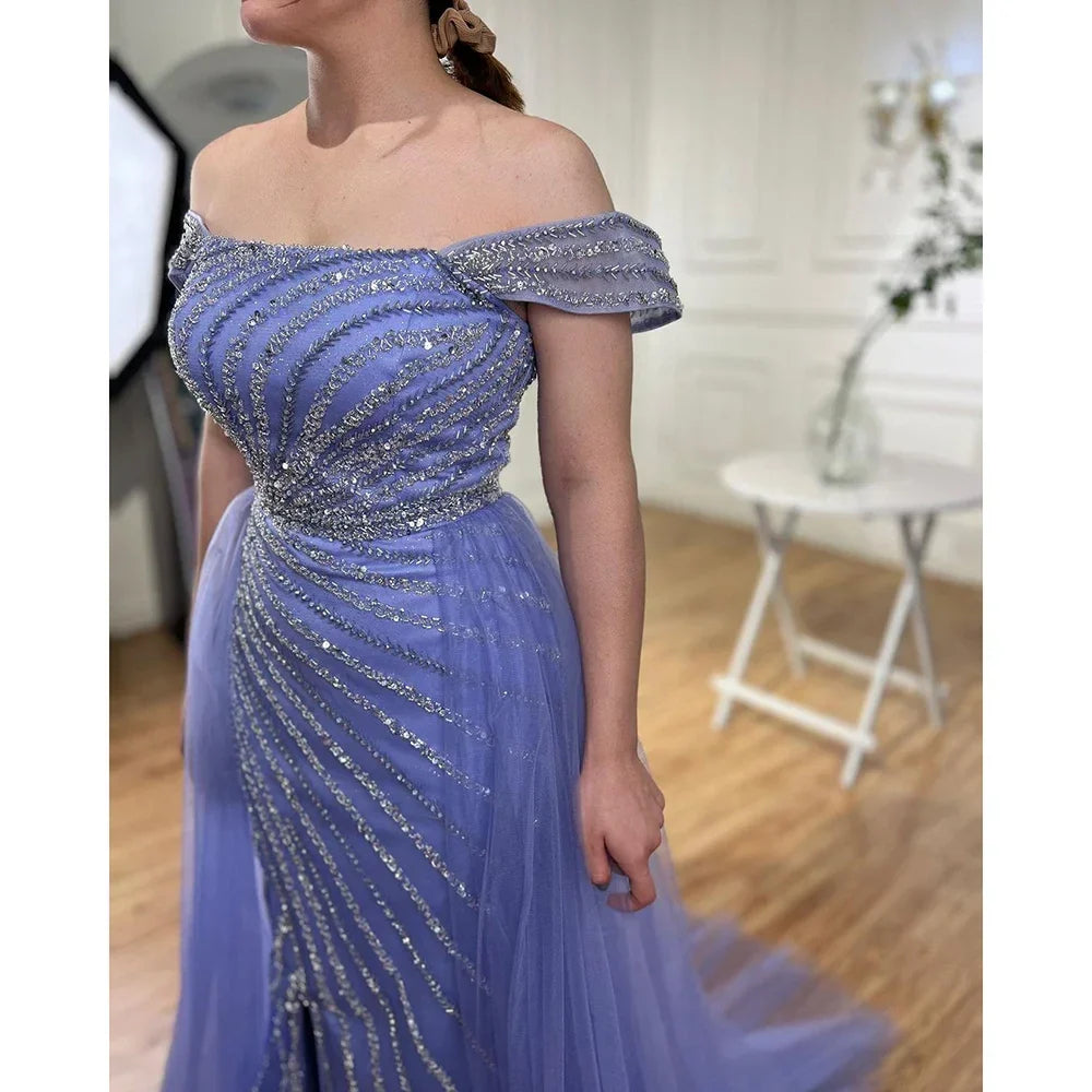 Boat Neck Split Mermaid Elegant Beaded Gowns