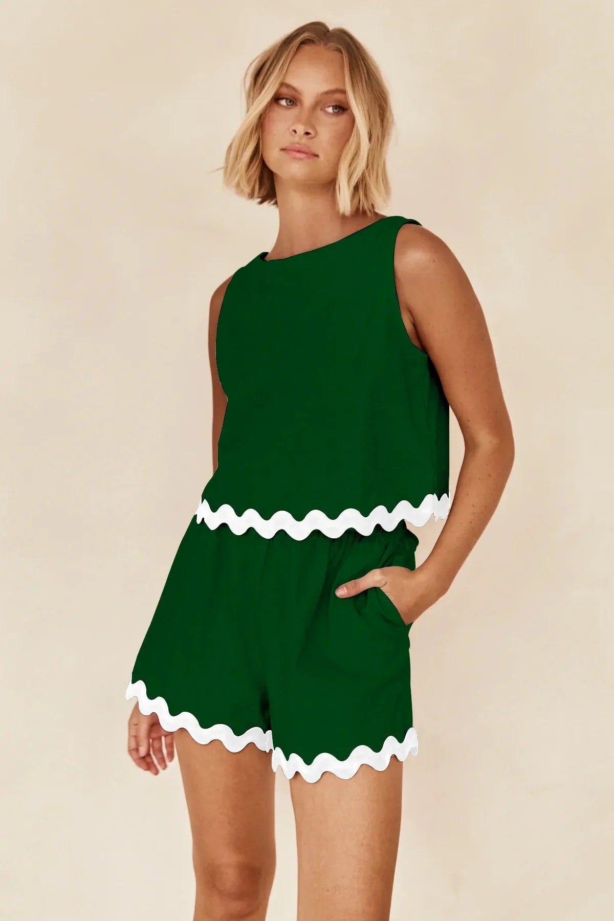Wave Stripe Patchwork Tops High Waist Shorts Set