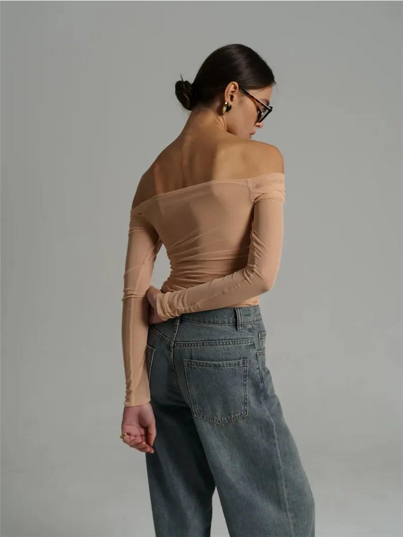 Mesh Off-shoulder Pleated Bust Strapless See Through Top