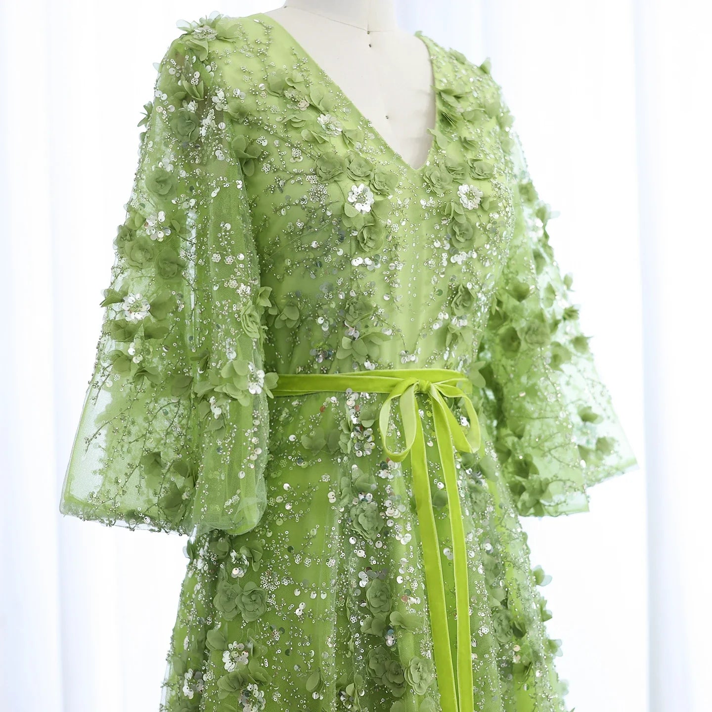 3D Floral Evening Gown with Plunging V-Neck