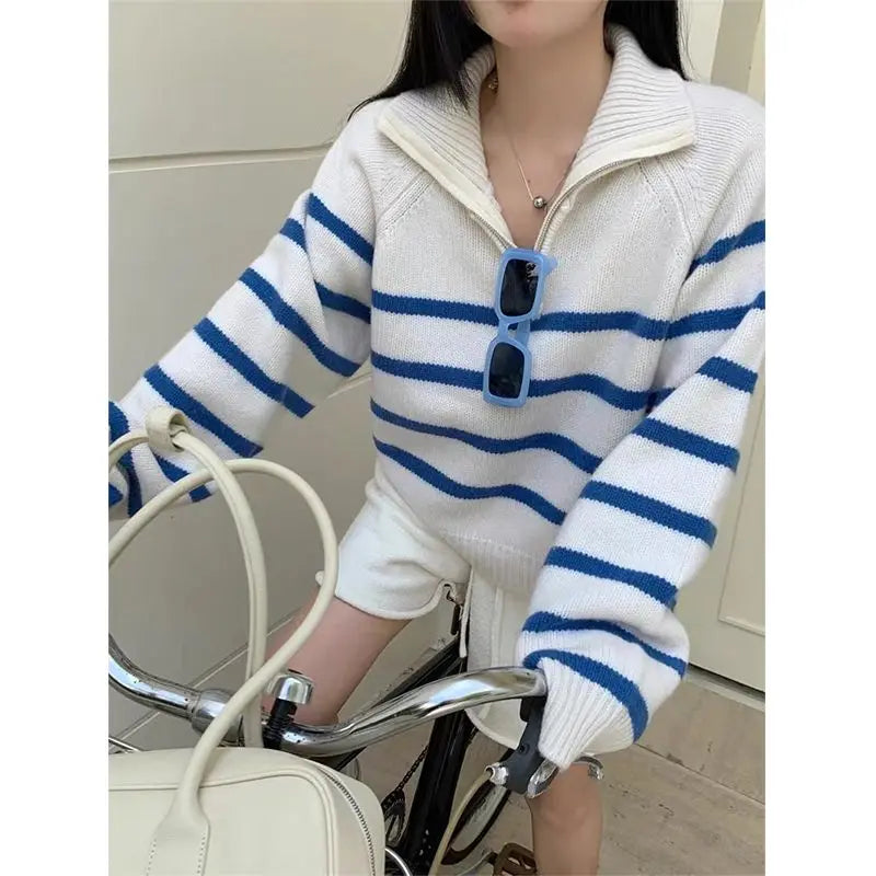 Blue Stripe Zipper Mock Neck Pullover