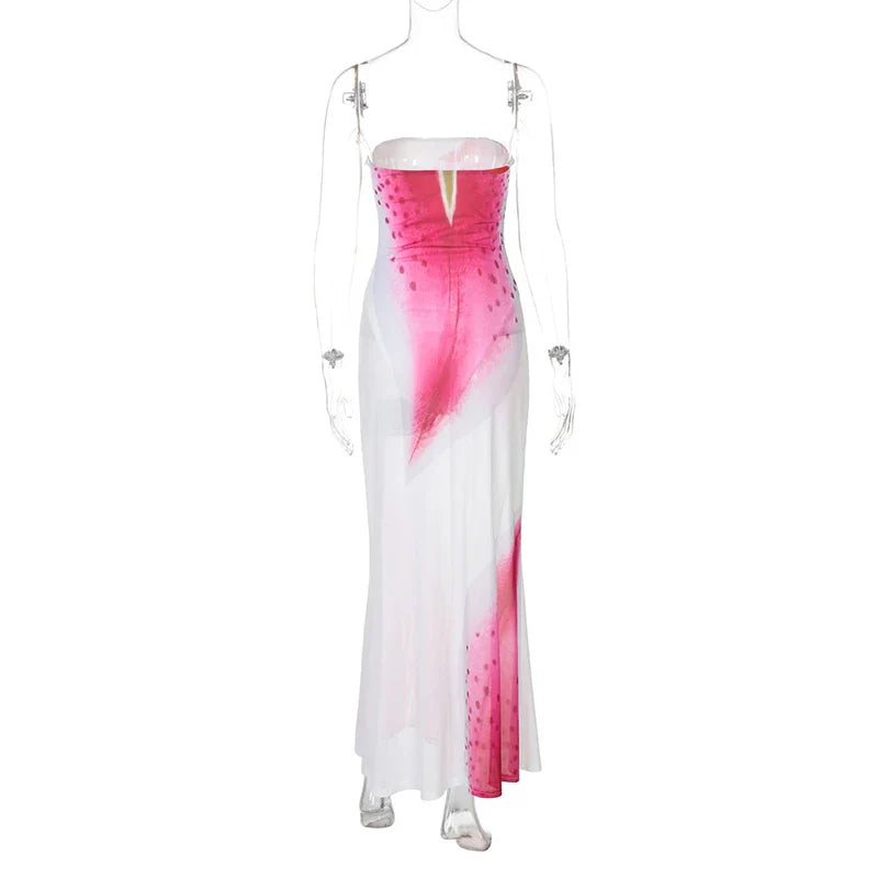 Mesh Floral Print Off-shoulder Long Dress