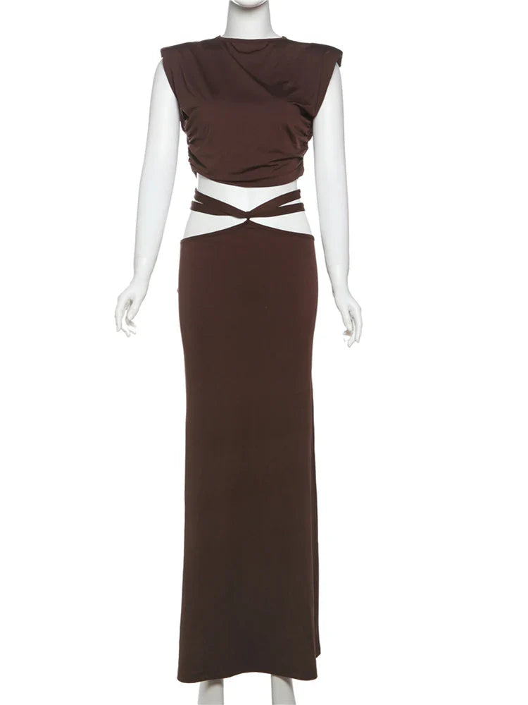 Brown Slash Neck Ankle-Length Skirt Suit