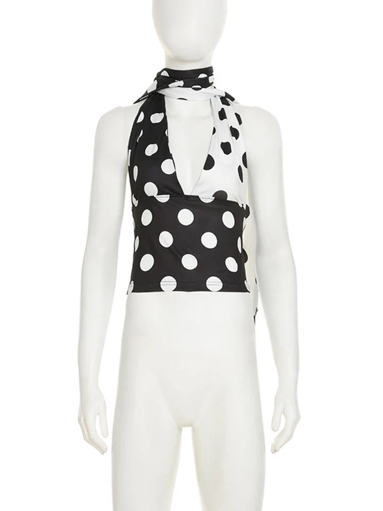 Contrast Polka Dot Cross Scarf Vest Two Wears Short Top