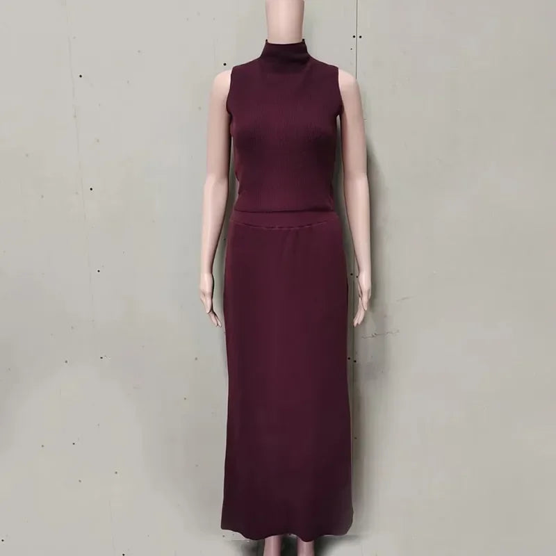 Solid Knit Sleeveless Top Long Skirt Set