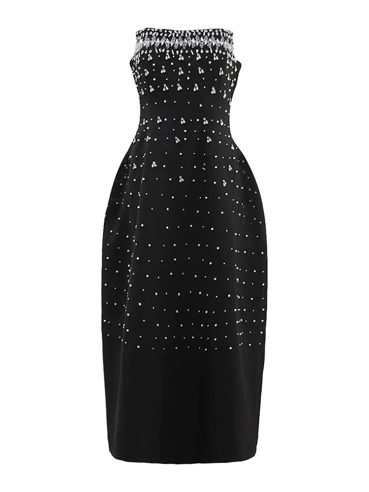 Diamonds Black Crystal Pearl Mini | Midi Dress