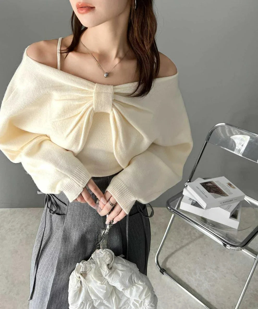 Bow Knit Top and Sweater Suspender Two-piece Set