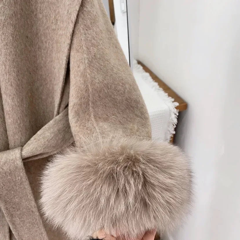 Lace-Up Fur Fluffy Lapel Long Sleeve Overcoat