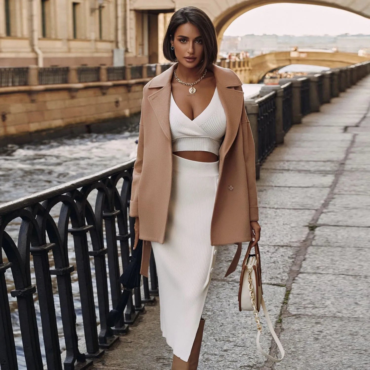Knitted Top and Slit Midi Skirt Sets