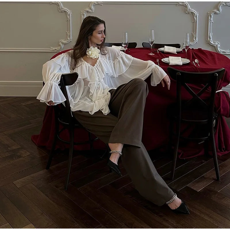 See Through Solid Long Sleeved Ruffles Tops