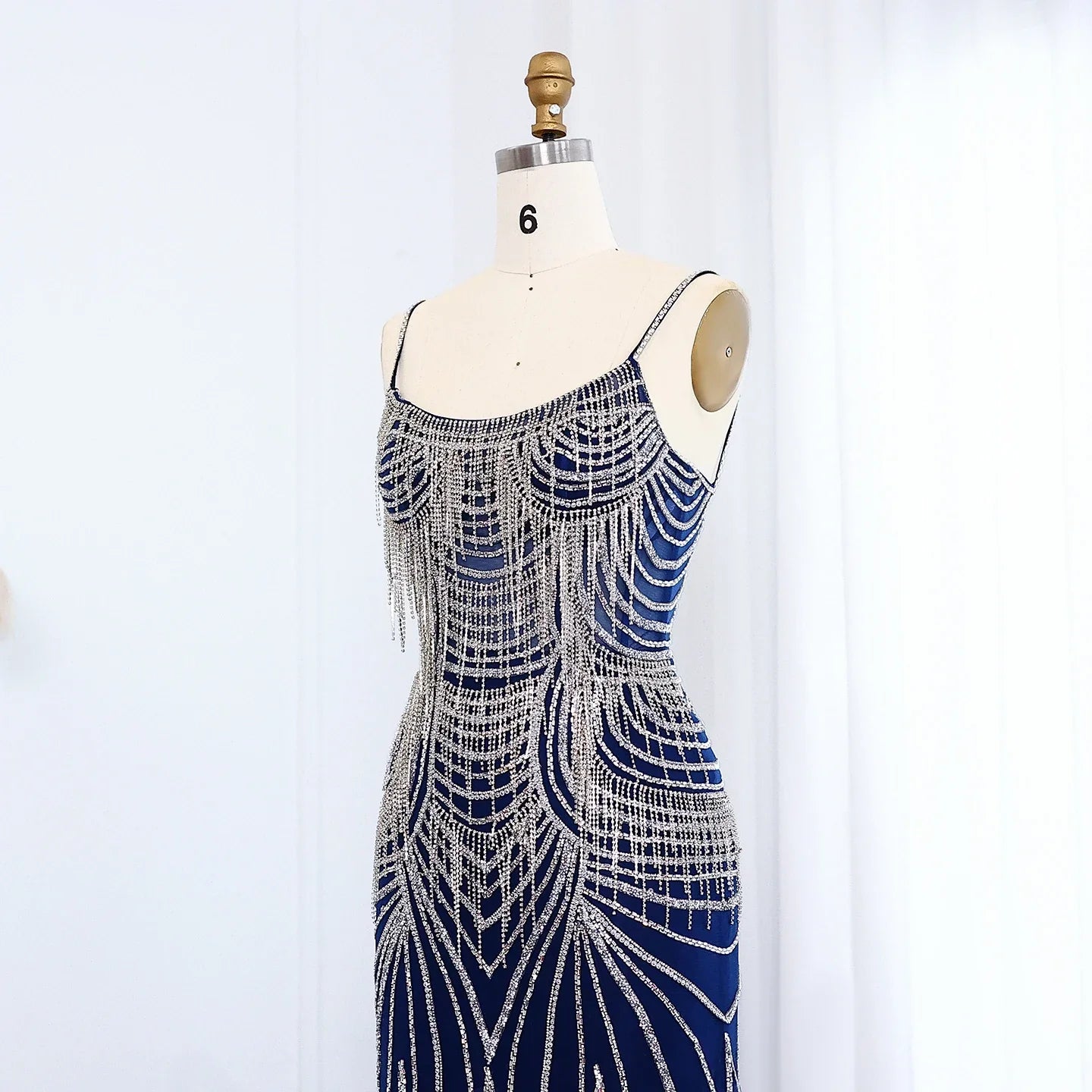 Crystal Tassel Mermaid Spaghetti Straps Gown