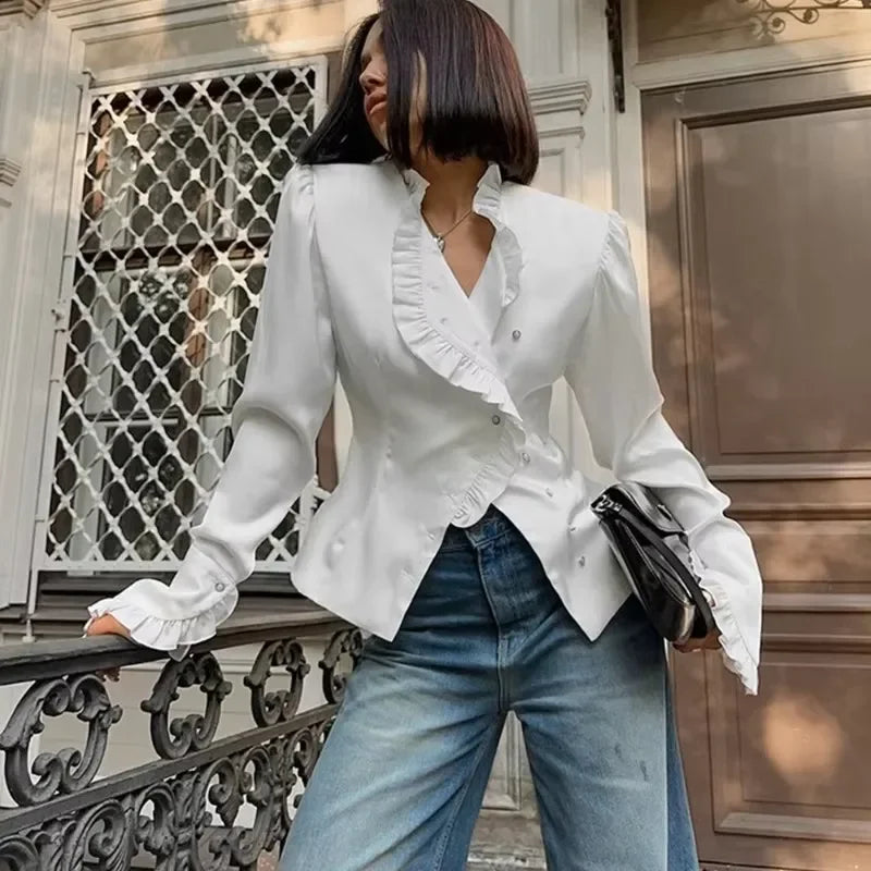 Women's White Ruffled Sleeve Cardigan Patchwork Blouse
