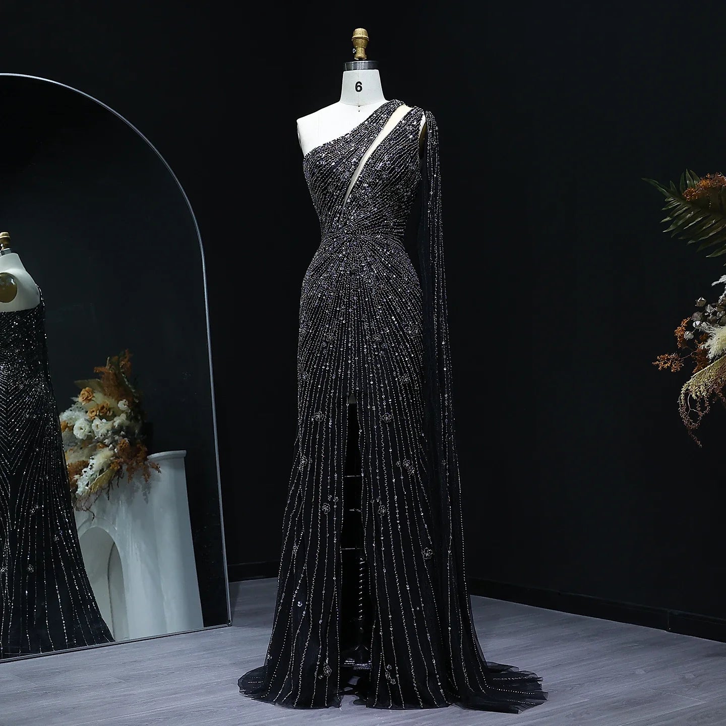One Shoulder Beaded Mermaid Black Evening Gown with Flowing Cape